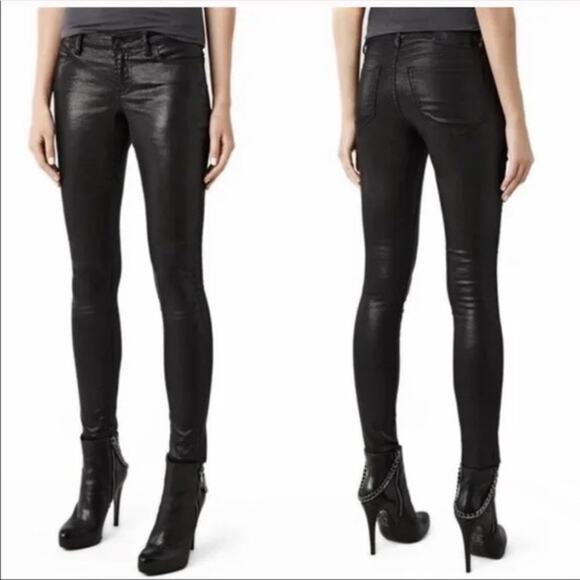 AllSaints Women's Size 27 Petrel Brodie Coated Skinny Jeans Black Ankle Zip - Picture 1 of 7